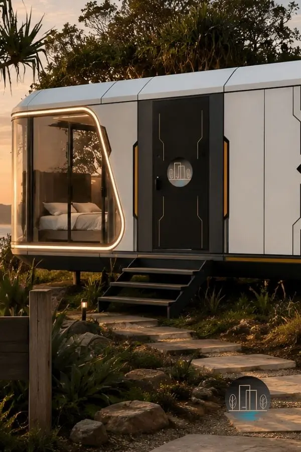 Modern modular capsule house High Yield investment asset with a glass bedroom window and contemporary design at sunset.