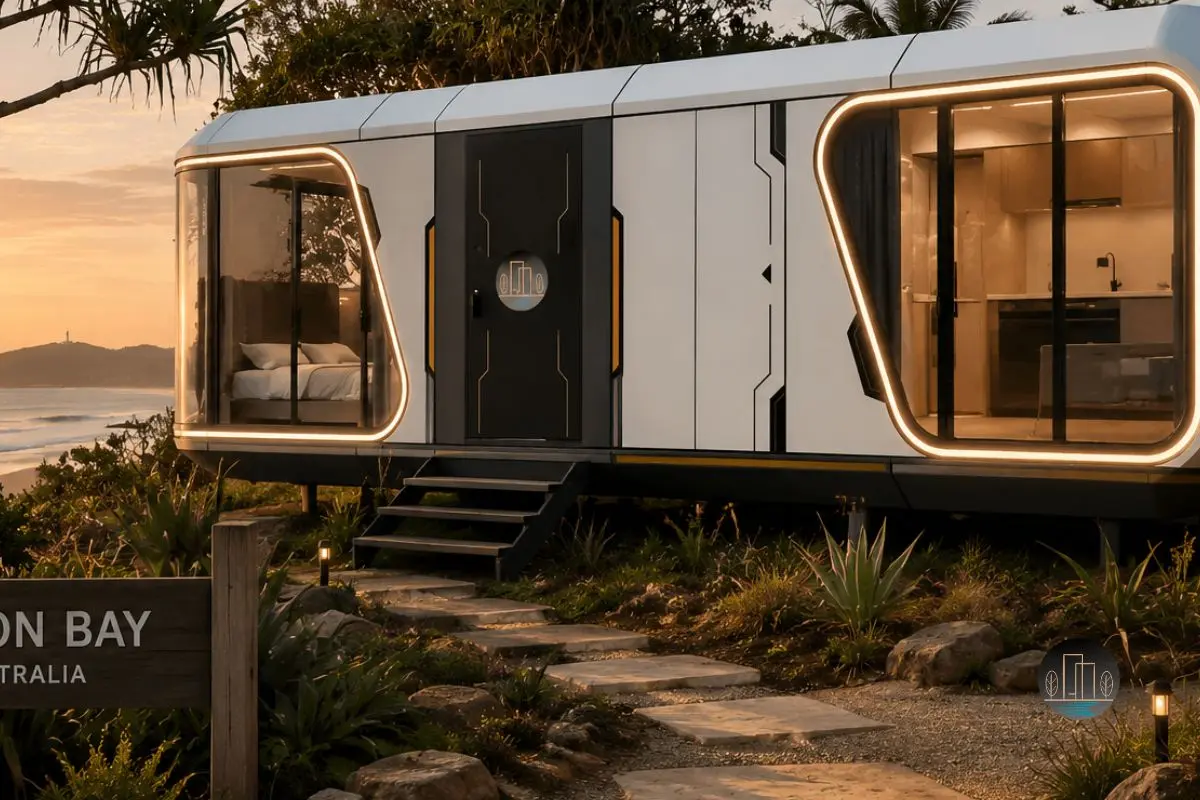 Luxury eco retreat design — premium capsule lodge interior Australia